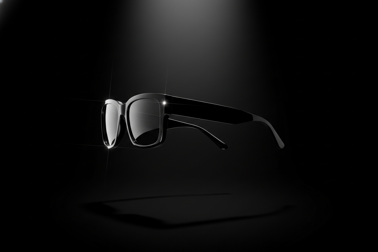 A high-end product photograph of a modern black square sunglasses, 
positioned at a 90-degree angle to highlight the side profile and depth of the frame. 
The sunglasses appear to be floating in mid-air, with no visible support or surface. 
The background is pure black, while a single white spotlight illuminates the product, 
creating dramatic contrast, elegant reflections, and subtle shadows. 
The glossy finish and sharp edges of the frame are emphasized, 
conveying exclusivity, luxury, and premium fashion