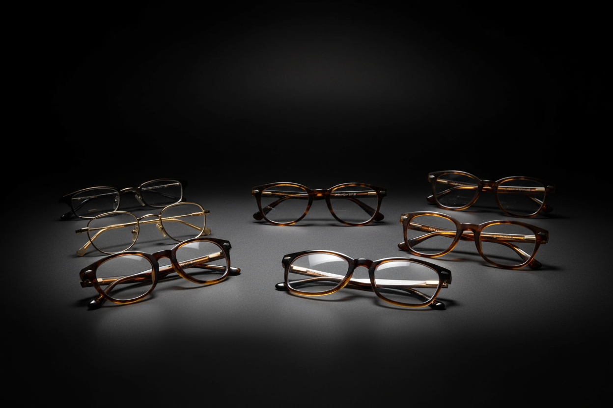 Create a background image for a retro eyewear collection page. The scene should be elegant and vintage, using a dark or black background (#000000) with soft lighting and subtle shadows. Include an artistic arrangement of various retro-style eyeglasses (from the 1950s, 60s, and 70s) displayed on a matte surface. The eyeglasses should feature classic frames — round, square, and cat-eye — in colors like gold, tortoiseshell, black, and brown. The overall mood should evoke sophistication, nostalgia, and timeless