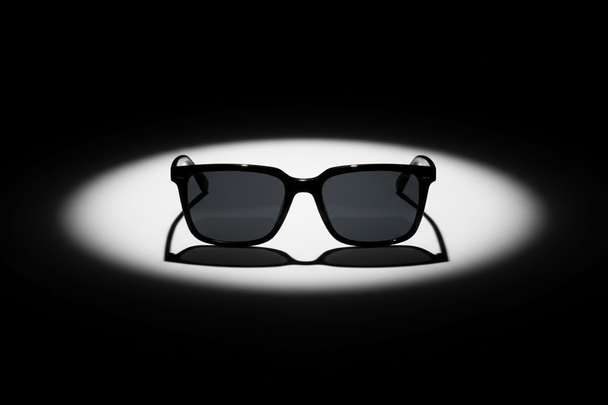 squase sunglasses closed front view with cinematic black background with a little white blur in the middle behind the glasses